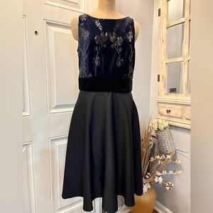 Taylor Navy & Black Embroidered Chiffon Fit & Flare Dress  10 Open Back Chic